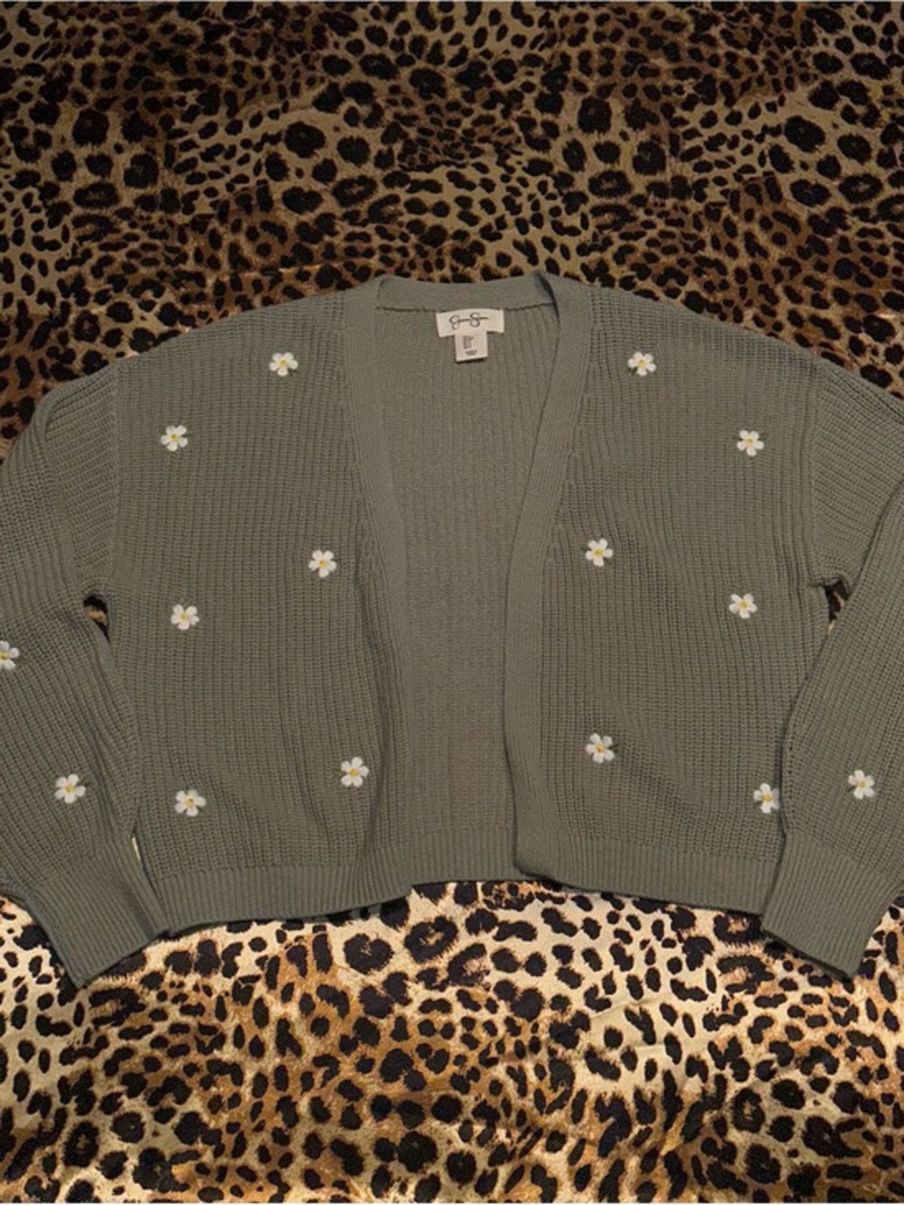 Jessica Simpson Sage Green Daisy Embroidered Open Front Cardigan